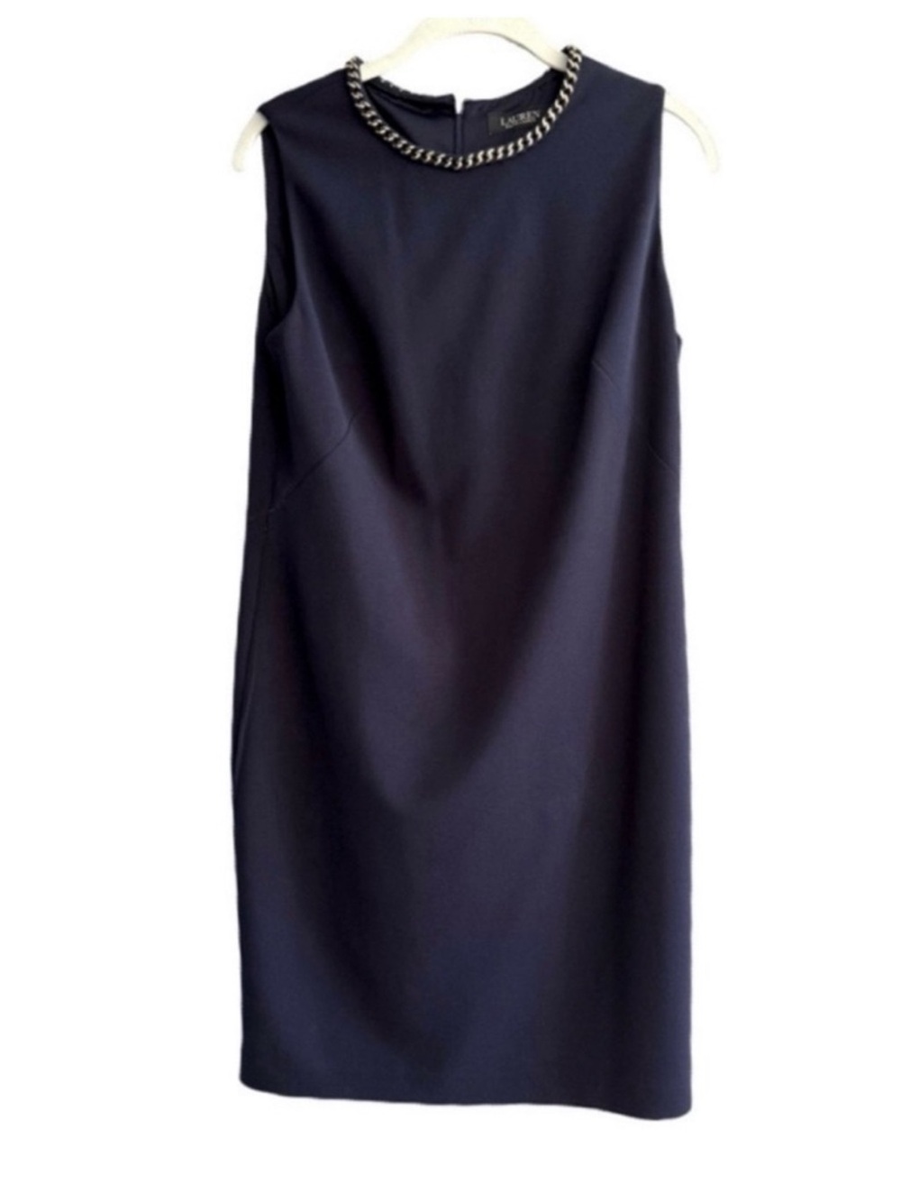 Lauren Ralph Lauren Sleeveless Dress Embellished Neckline Navy Blue Gold Size 8